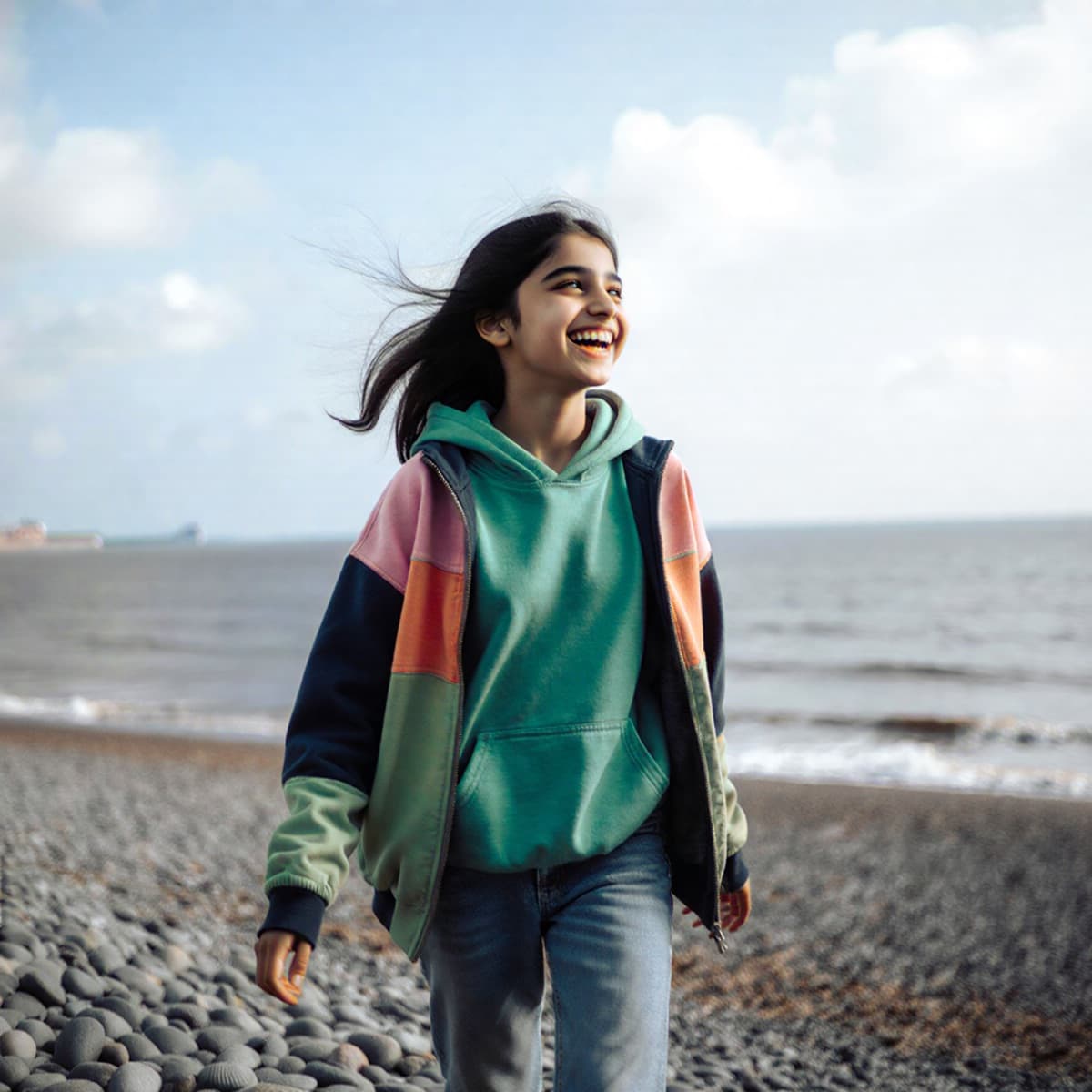 A young person outdoors, looking ahead