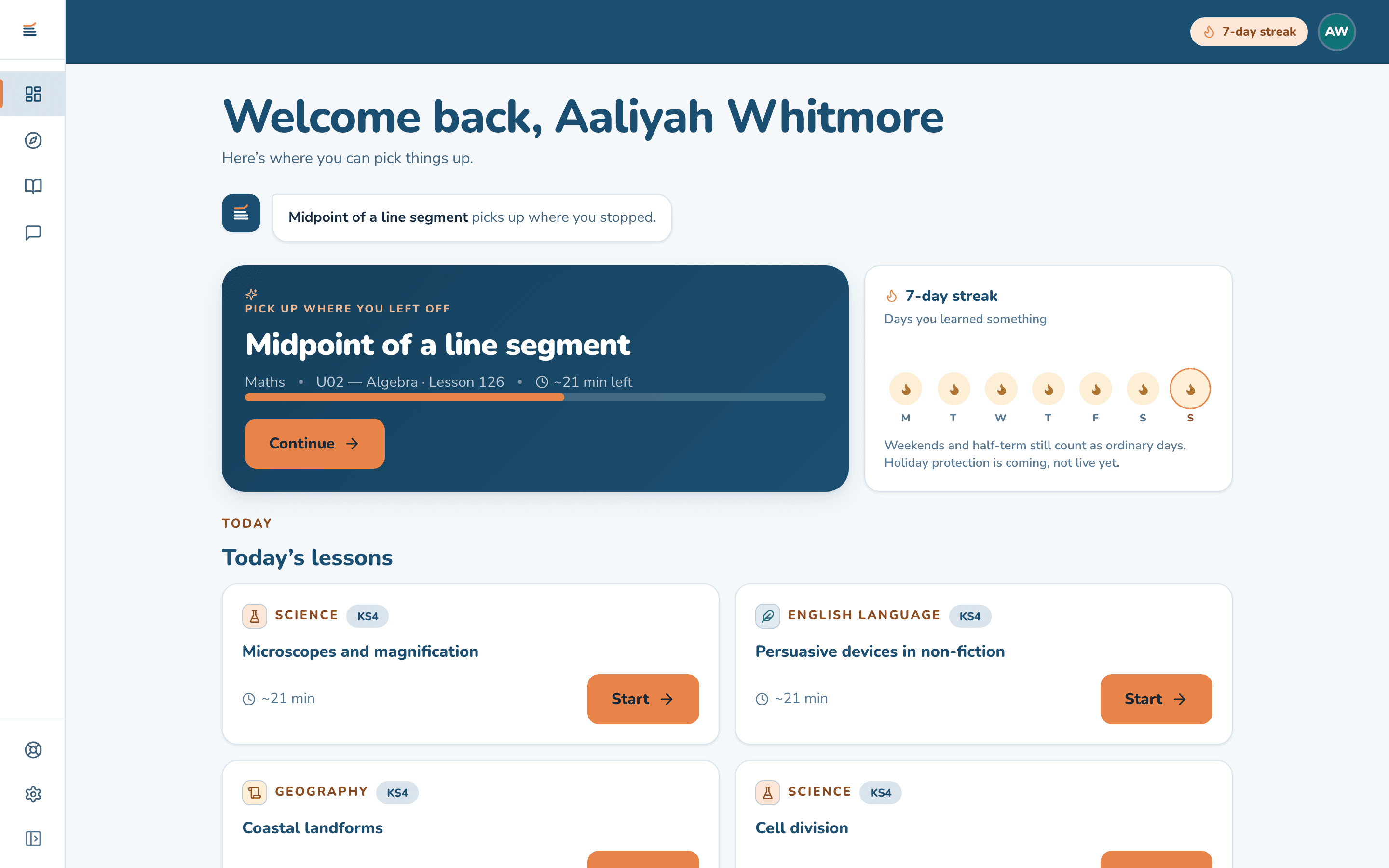 The Latitude learner dashboard on a laptop: “Welcome back, Aaliyah Whitmore”, a card to continue “Midpoint of a line segment” with about 21 minutes left, a 7-day streak, and today’s Science, English Language and Geography lessons