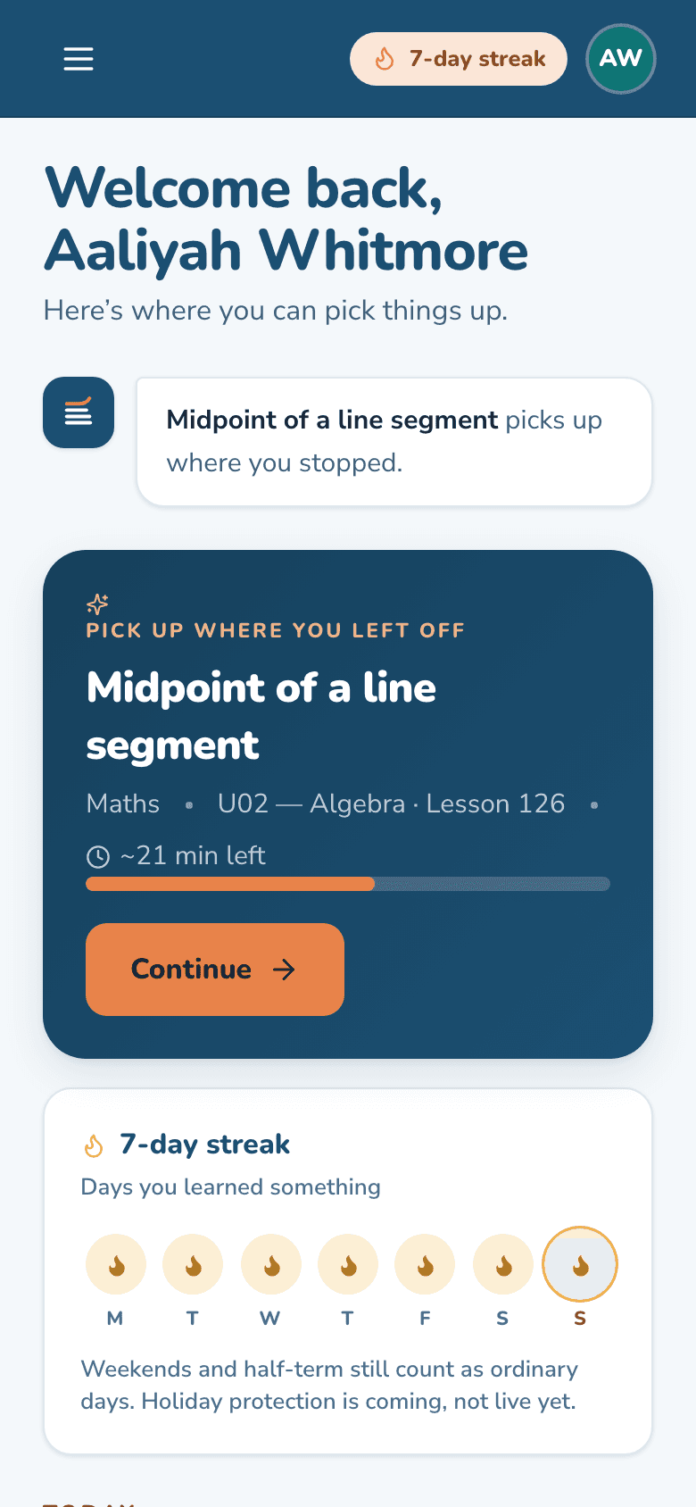 The Latitude learner dashboard on a phone: “Welcome back, Aaliyah Whitmore”, a Continue button for “Midpoint of a line segment”, and a 7-day streak with every day of the week lit