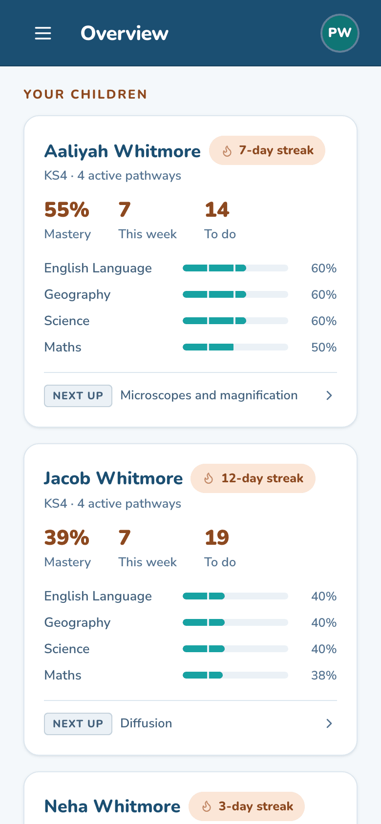 The Latitude parent overview on a phone, showing Aaliyah Whitmore at 55% mastery on a 7-day streak and Jacob Whitmore at 39% on a 12-day streak